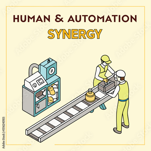 Illustration showcasing the collaboration between human workers and industrial automation in a manufacturing process