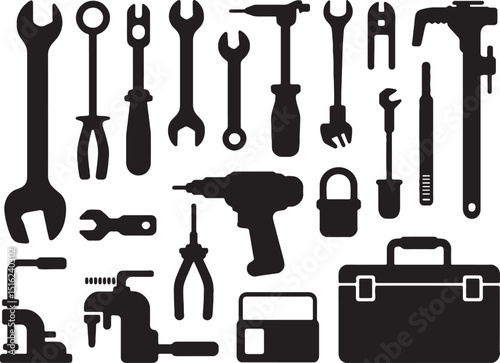Collection of black silhouettes of various tools