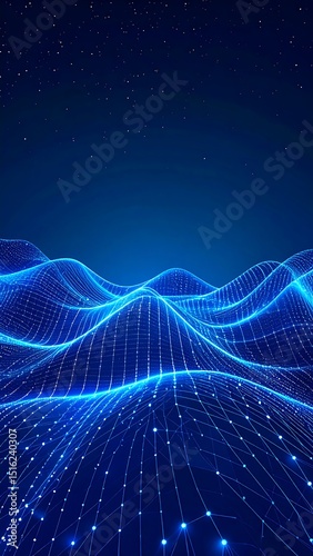 Blue digital landscape with night sky.