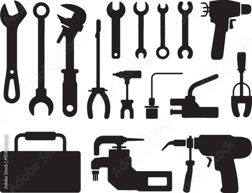 Collection of black silhouettes of various tools