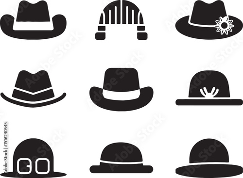 Collection of nine stylish hat icons in black