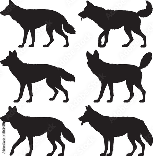 Six wolf silhouettes various poses wild canids