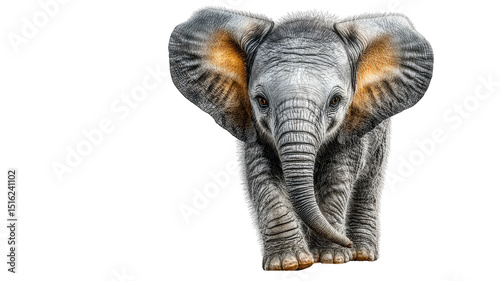 Realistic illustration of elephant with detailed textures and vibrant colors, showcasing its large ears and expressive eyes. elephant appears to be walking forward, exuding sense of curiosity