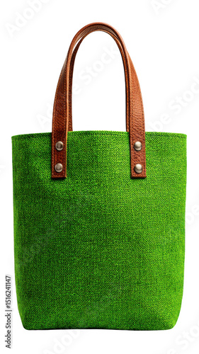 Vibrant green tote bag made from textured fabric, featuring sturdy brown leather handles and metal accents. This stylish accessory is perfect for casual outings or shopping trips