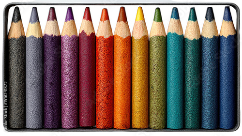 Colorful pencils arranged in neat row, showcasing variety of vibrant hues. pencils are sharpened and ready for artistic expression, perfect for drawing or coloring activities