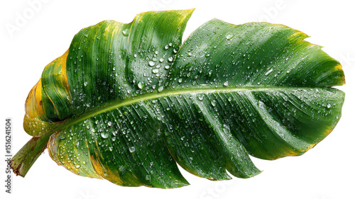 Vibrant green leaf with droplets of water glistening its surface, showcasing rich texture and natural beauty. leaf displays mix of deep green and yellow hues, evoking fresh and lively atmosphere