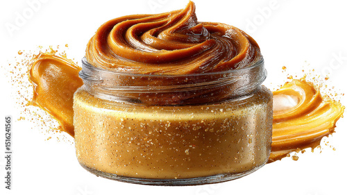 Creamy caramel spread in glass jar with swirl on top, surrounded by glossy caramel smear. This delicious treat is perfect for desserts or as topping, evoking sense of indulgence and sweetness