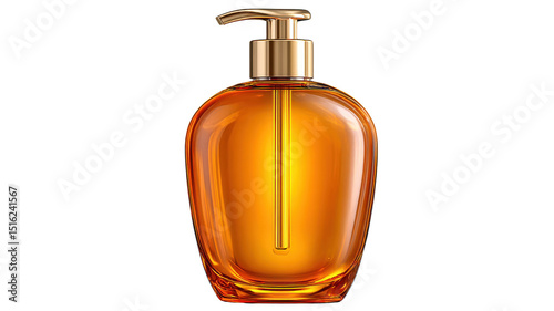Luxurious amber liquid soap in sleek pump bottle, showcasing modern design with golden accent. warm color evokes sense of elegance and sophistication