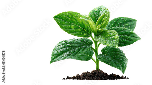 Fresh green plant with vibrant leaves covered in water droplets, symbolizing growth and vitality. soil beneath highlights its natural environment, creating refreshing and lively atmosphere