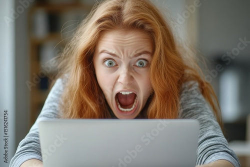 Red haired woman screaming at a laptop with a frustrated expression and blurred background indoors