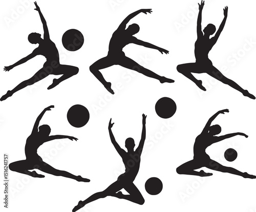 Rhythmic gymnastics silhouettes with balls action poses