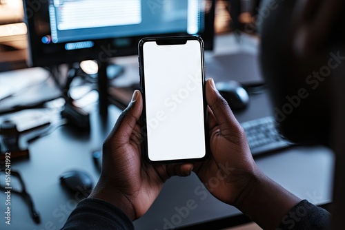 Close-up of hands holding a smartphone with blank screen, in a dark work environment