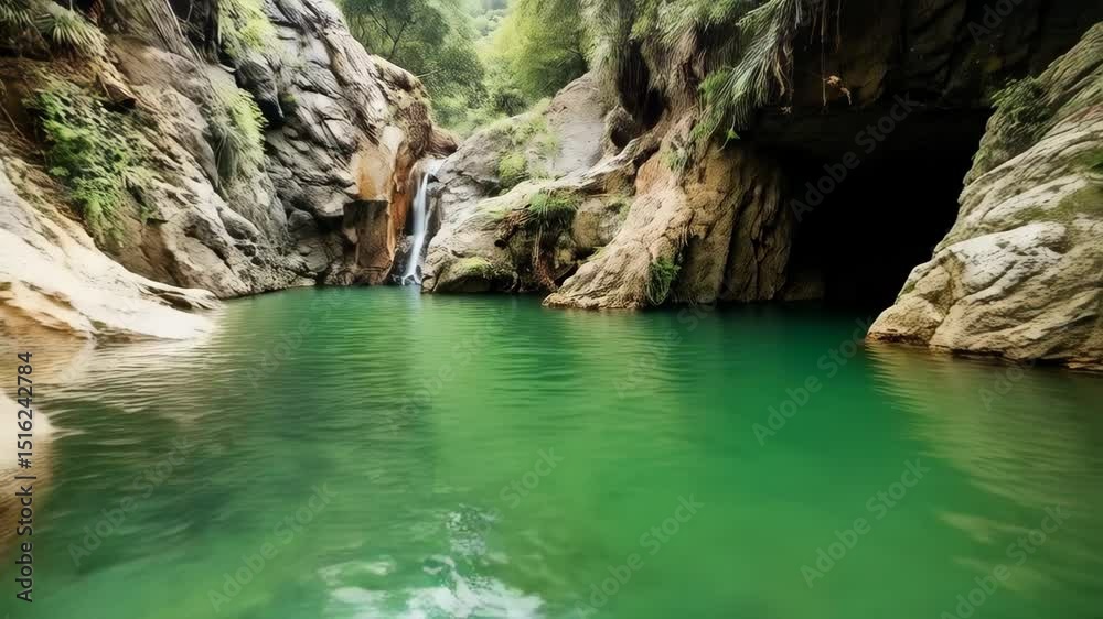 Picturesque waterfall flows into a vibrant green pool surrounded by lush greenery and towering rock formations with clear, shallow foreground. Picturesque waterfall flows into a vibrant green pool surrounded by lush greenery and towering rock formations with clear, shallow foreground.