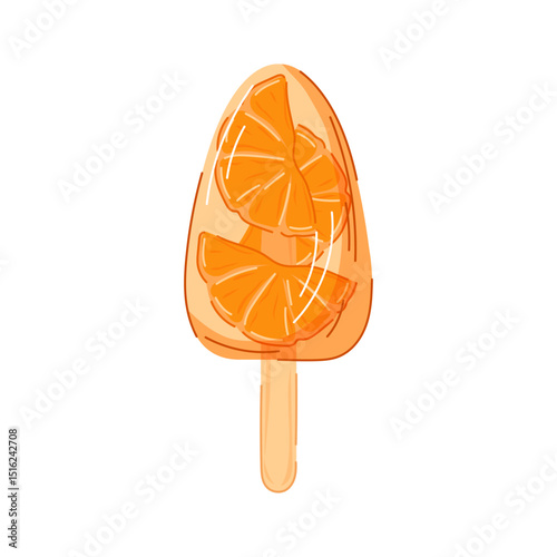Orange fruit popsicle ice cream with fruit slice inside on wooden stick in cartoon isolated on white background. Ideal for summer package design, cafe menu.