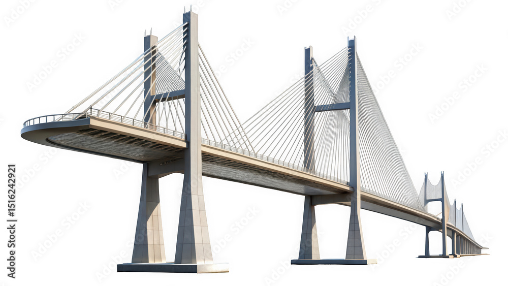 Obraz premium A modern cable-stayed bridge showcasing its sleek design and architectural elegance. The structure is illuminated against a clear blue sky, emphasizing its grandeur.