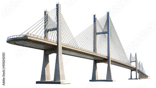A modern cable-stayed bridge showcasing its sleek design and architectural elegance. The structure is illuminated against a clear blue sky, emphasizing its grandeur.