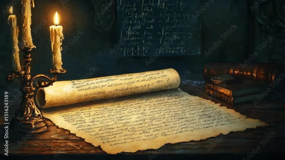 An old parchment scroll with handwritten text sits on a wooden desk, lit by candlelight, with leather-bound books and a quill nearby.