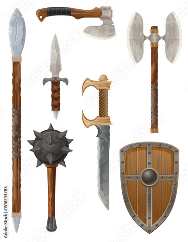 detailed vector illustration showing a variety of fantasy and ancient weapons and shields the image features swords, axes, hammers, spears, and torches, along with intricately designed round and tradi