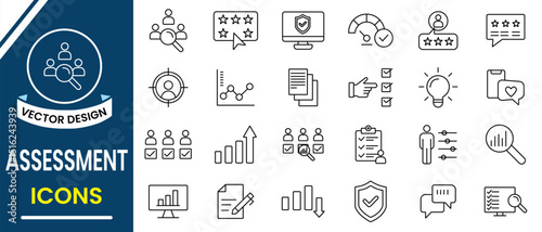 Assessment icon vector collection set. Editable stroke outline of assessment, analysis, plan, evaluation, result, policy, validity, diligence icon. Vector illustration.
