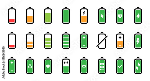 Battery icon set for user interface. Smartphone battery icon. Status bar symbol modern simple icons for mobile app, ui design. Vector