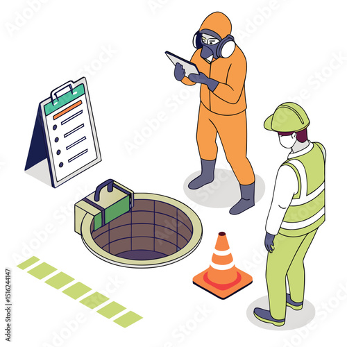 Environmental workers conducting inspection of a manhole in protective suits isometric vector illustration