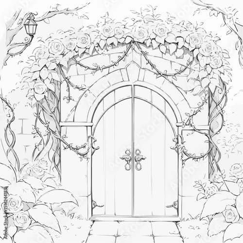 Charming garden door illustration surrounded by roses in outline style for coloring page
