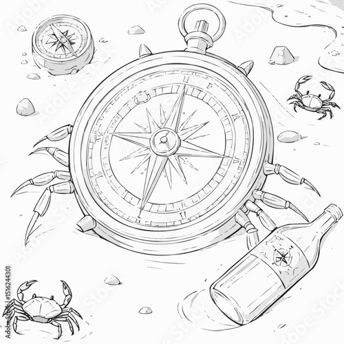 Intriguing compass and bottle illustration with crabs in outline style for coloring page
