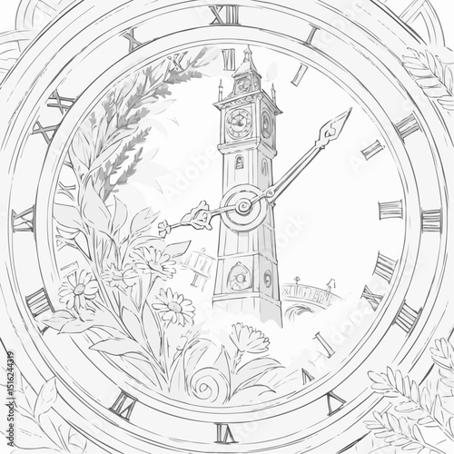 Elegant clock tower illustration surrounded by flowers in outline style for coloring page