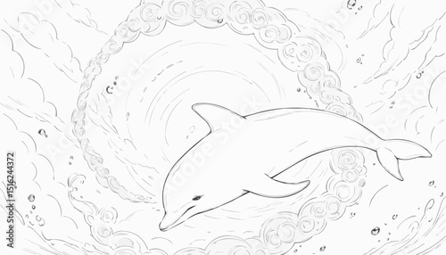 Graceful dolphin illustration swimming in swirling water in outline style for coloring page