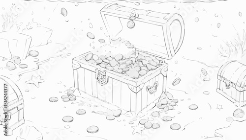 Treasure chest illustration overflowing with coins and jewels in outline style for coloring page
