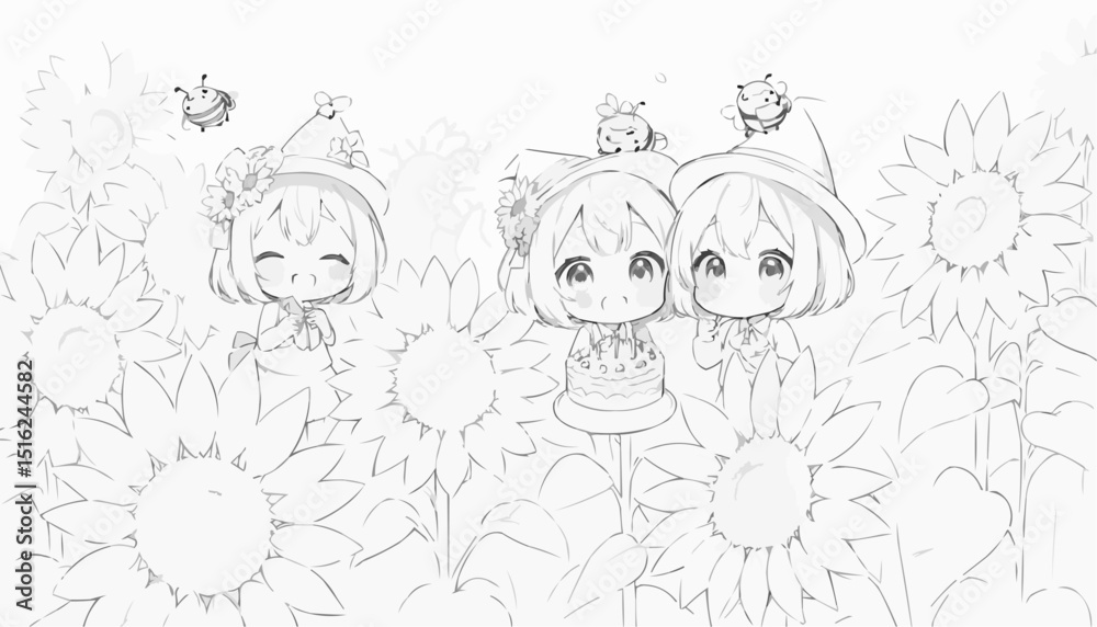 Adorable children playing among sunflowers with bees illustration in outline style for coloring page
