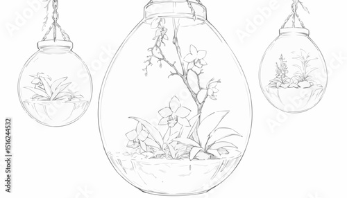 Intricate line art illustration of hanging terrariums with plants in a decorative design
