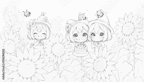 Adorable children playing among sunflowers with bees illustration in outline style for coloring page

