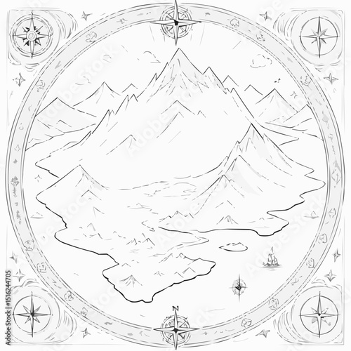 Detailed mountain landscape illustration with compass in outline style for coloring page
