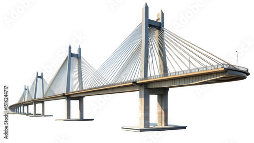 A modern cable-stayed bridge showcasing a sleek design with silvery cables and an expansive deck, set against a clear blue sky.