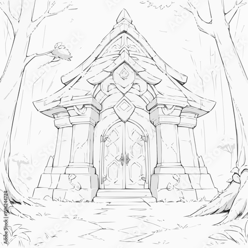 Enchanting forest hut illustration surrounded by trees in outline style for coloring page
