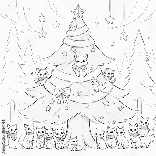 Cute kittens decorating a Christmas tree illustration in a festive winter setting