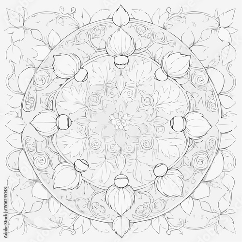 Intricate floral mandala sketch for coloring in a detailed, artistic design
