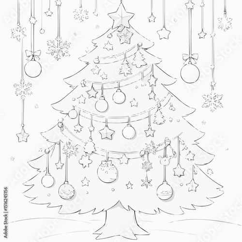 Christmas tree sketch with decorations in a playful design for coloring
