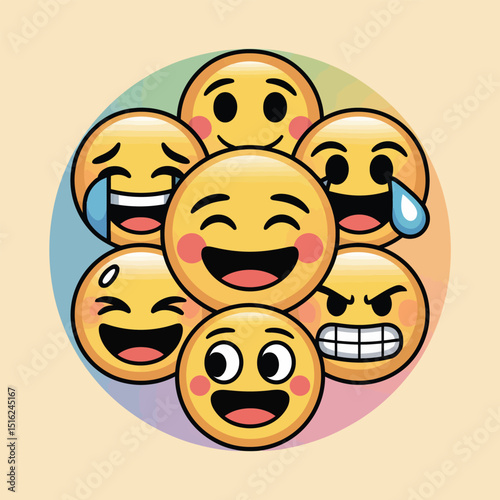 Circular Arrangement of Popular Emoji Faces Including Joy, Crying, Anger, and Love for Comprehensive Expression