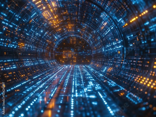 Futuristic Tech Tunnel Background: Interwoven Blue Binary Electronic Lines in Space Capsule Passage. Cybernetic Light-Shadow Network with Dynamic Geometry