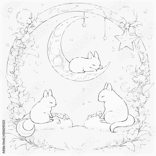 Cute hand-drawn rabbits in moonlit garden, whimsical mood, in coloring page design