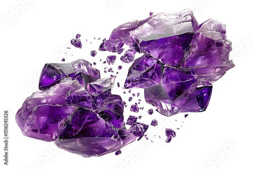 a jagged amethyst crystal cluster splitting mid-fracture, shards glinting under diffused