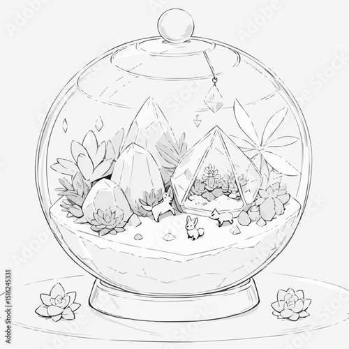 Coloring page with glass terrarium and plants inside
