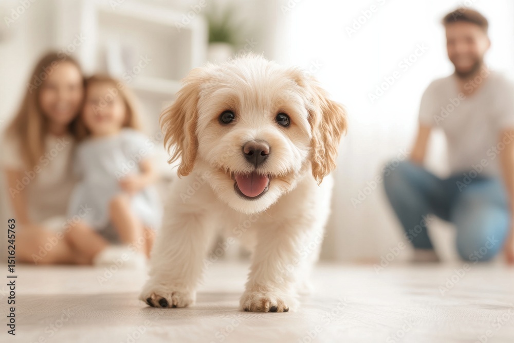 Surprise puppy interrupts family photo shoot with adorable antics in cozy living room setting Surprise puppy interrupts family photo shoot with adorable antics in cozy living room setting