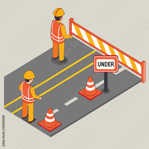 Isometric illustration of road workers with safety equipment and construction barrier managing under construction signage