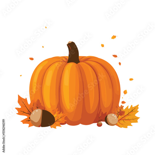 Autumn harvest pumpkin with acorns and leaves