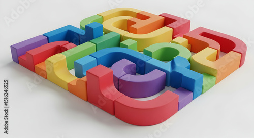 Colorful Wooden Building Blocks Creating an Abstract Interlocking Geometric Pattern