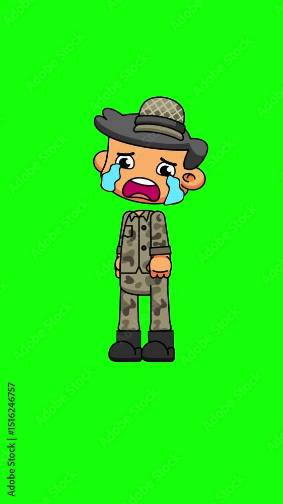 Crying Army Soldier Cartoon, Cute Chibi with Big Tears Animation