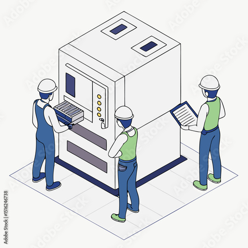 Technicians inspecting and working on industrial machinery in a modern isometric vector illustration
